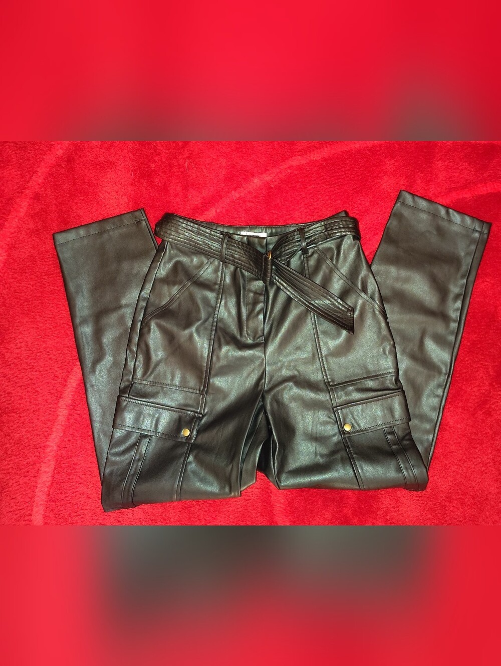 Jason Wu Black Faux Leather Cargo Jumpsuit Pants with Belt Sz 2